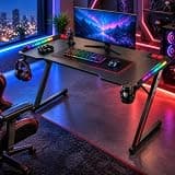 ASA Z-Shaped Gaming Desk with RGB LED Lights – Carbon Fiber Surface Computer Des