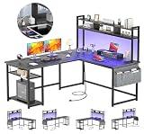 NOAEOU Reversible L-Shaped Desk with Power Outlet and LED Strip 150 x 120CM