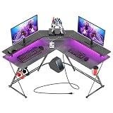 L-Shaped Gaming Desk with RGB LED Lights & Power Outlets – Carbon Fiber Corner C