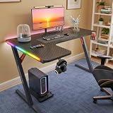 Gaming Desk with LED Lights, Large RGB Computer Gaming Table with Cup Holder Hea